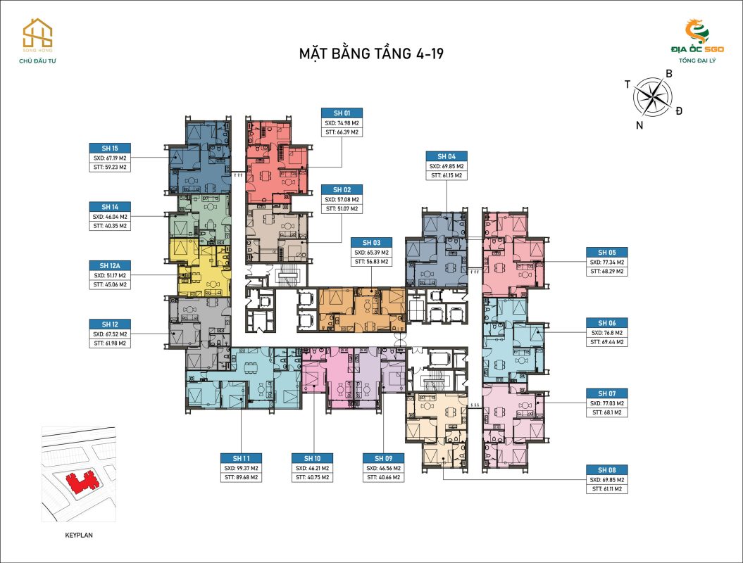 Mặt bằng tầng 4 -19 Chung cư Sông Hồng Diamond City