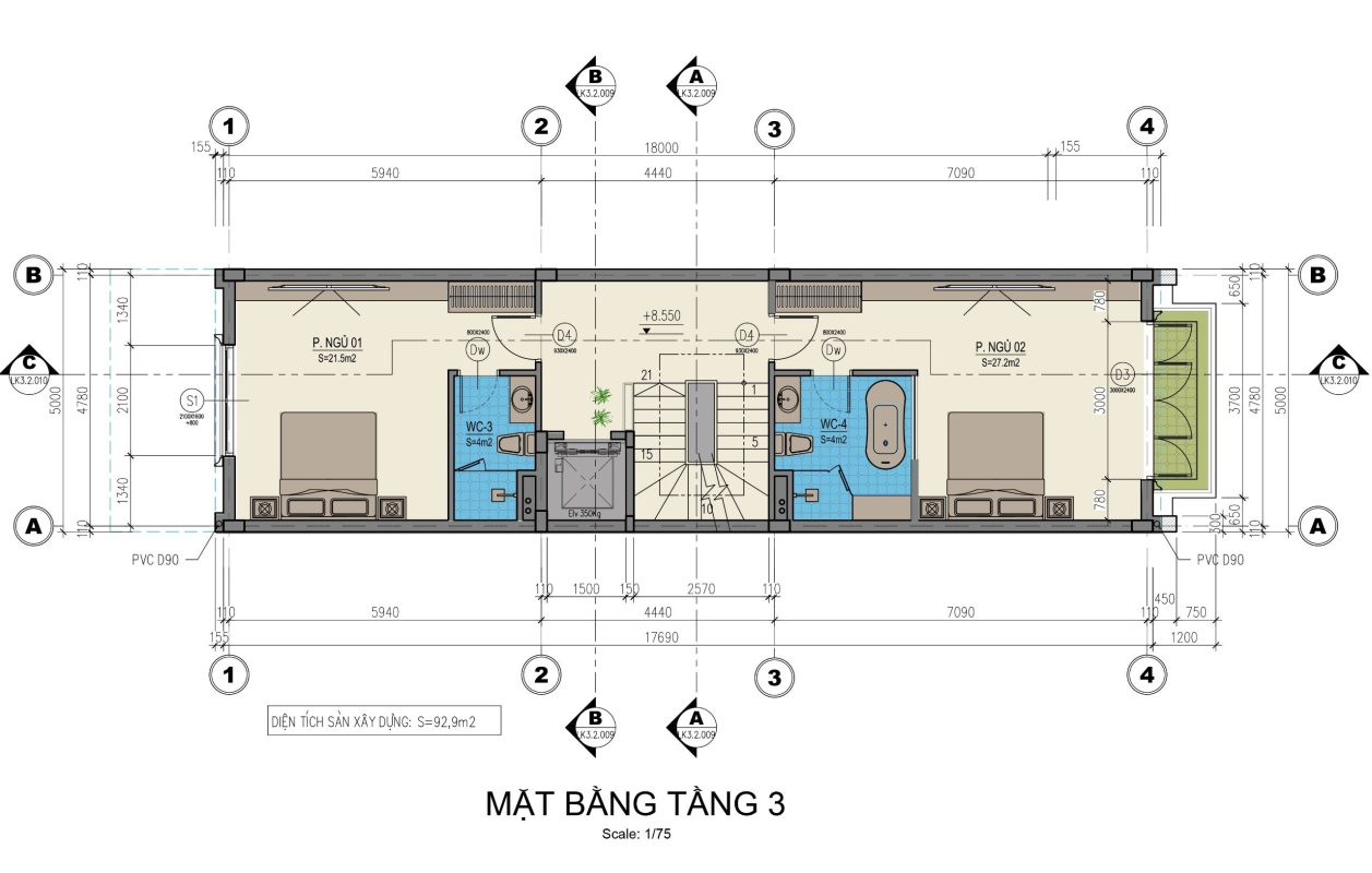 Mặt bằng tầng 3 - Lô Shophouse Sông Hồng Diamond  City - mặt tiền 5m
