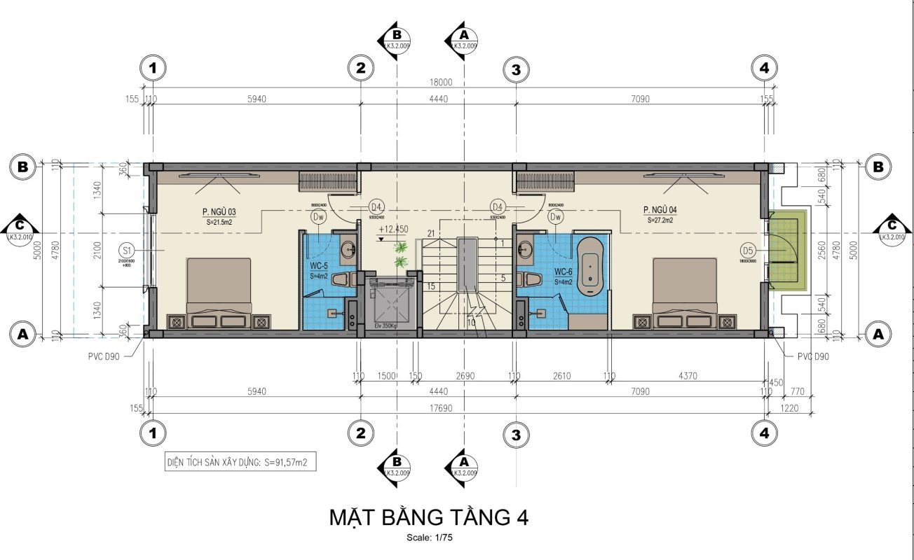 Mặt bằng tầng 4 - Lô Shophouse Sông Hồng Diamond  City - mặt tiền 5m